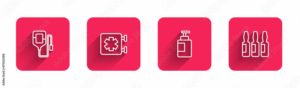 Set line IV bag, Medical symbol of the Emergency, Hand sanitizer bottle and vial, ampoule with long shadow. Red square button. Vector Set line IV bag, Medical symbol of the Emergency, Hand sanitizer bottle and vial, ampoule with long shadow. Red square button. Vector