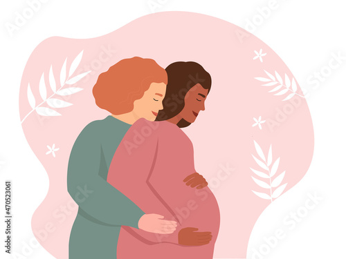 Lesbian family hugs in profile. A pregnant woman is expecting a baby. The concept of motherhood, equality, tolerance to LGBT. Vector graphics.