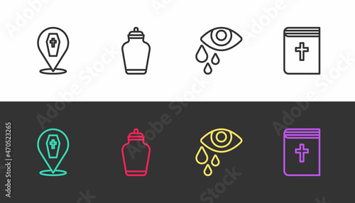 Set line Coffin with cross, Funeral urn, Tear cry eye and Holy bible book on black and white. Vector