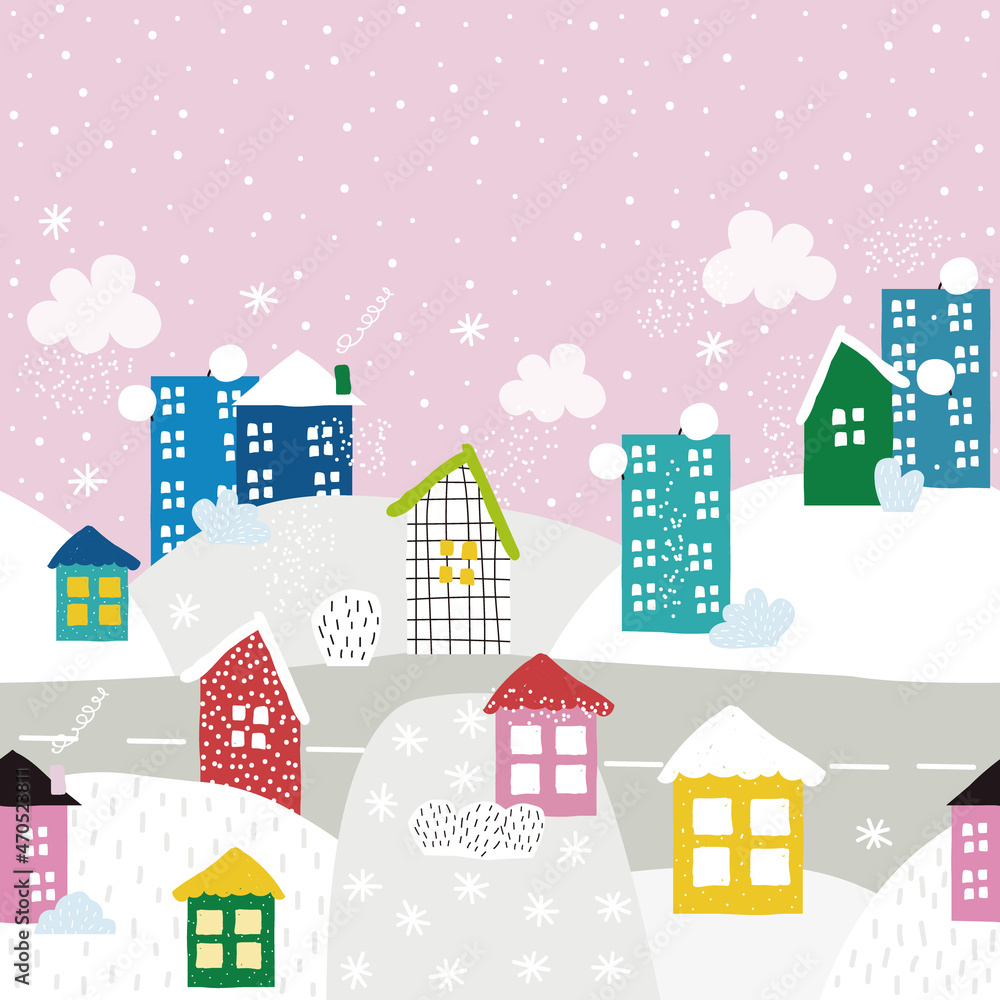 Winter street seamless pattern. Cute snowy print. Vector hand drawn illustration. Winter street seamless pattern. Cute snowy print. Vector hand drawn illustration.