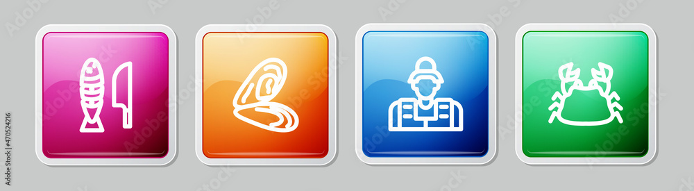 Set line Fish with sliced pieces, Mussel, Fisherman and Crab. Colorful square button. Vector