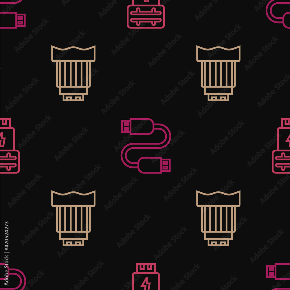Set line Photo camera flash, Camera photo lens and USB cable cord on seamless pattern. Vector Set line Photo camera flash, Camera photo lens and USB cable cord on seamless pattern. Vector