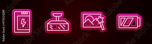 Set line Battery for camera, Softbox light, Photo retouching and . Glowing neon icon. Vector