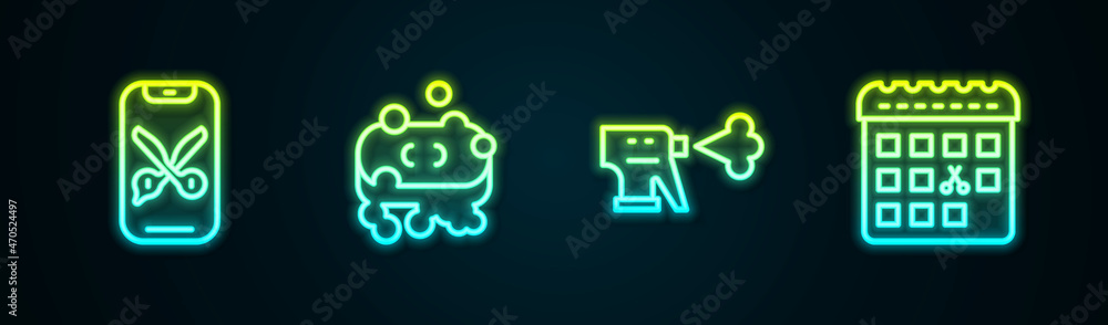 Set line Barber online service or platform, of soap with foam, Hairdresser pistol spray bottle and Calendar haircut day. Glowing neon icon. Vector Set line Barber online service or platform, of soap with foam, Hairdresser pistol spray bottle and Calendar haircut day. Glowing neon icon. Vector