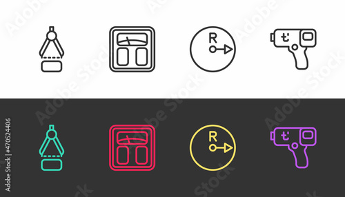 Set line Drawing compass, Bathroom scales, Radius and Digital thermometer on black and white. Vector