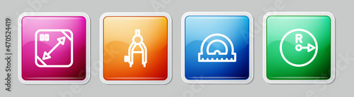Set line Diagonal measuring, Drawing compass, Protractor and Radius. Colorful square button. Vector