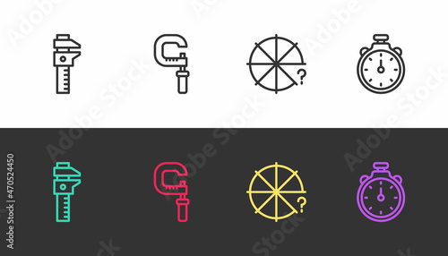 Set line Calliper or caliper and scale, Micrometer, Circle of pieces and Stopwatch on black and white. Vector