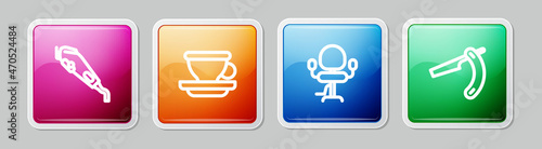 Set line Electrical hair clipper, Coffee cup, Barbershop chair and Straight razor. Colorful square button. Vector