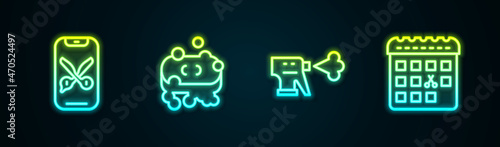Set line Barber online service or platform, of soap with foam, Hairdresser pistol spray bottle and Calendar haircut day. Glowing neon icon. Vector