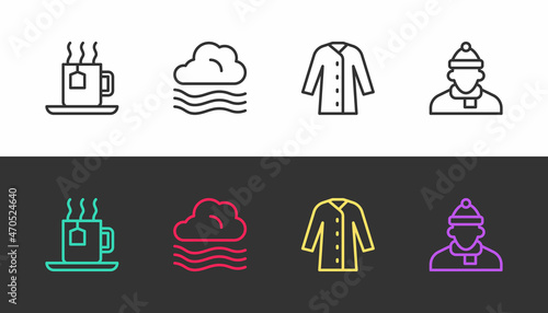 Set line Cup of tea with tea bag, Windy weather, Raincoat and Autumn clothes on black and white. Vector