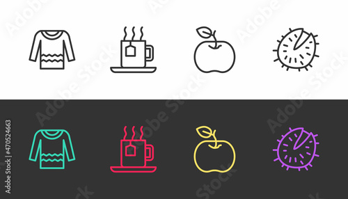 Set line Sweater, Cup of tea with tea bag, Apple and Chestnut on black and white. Vector