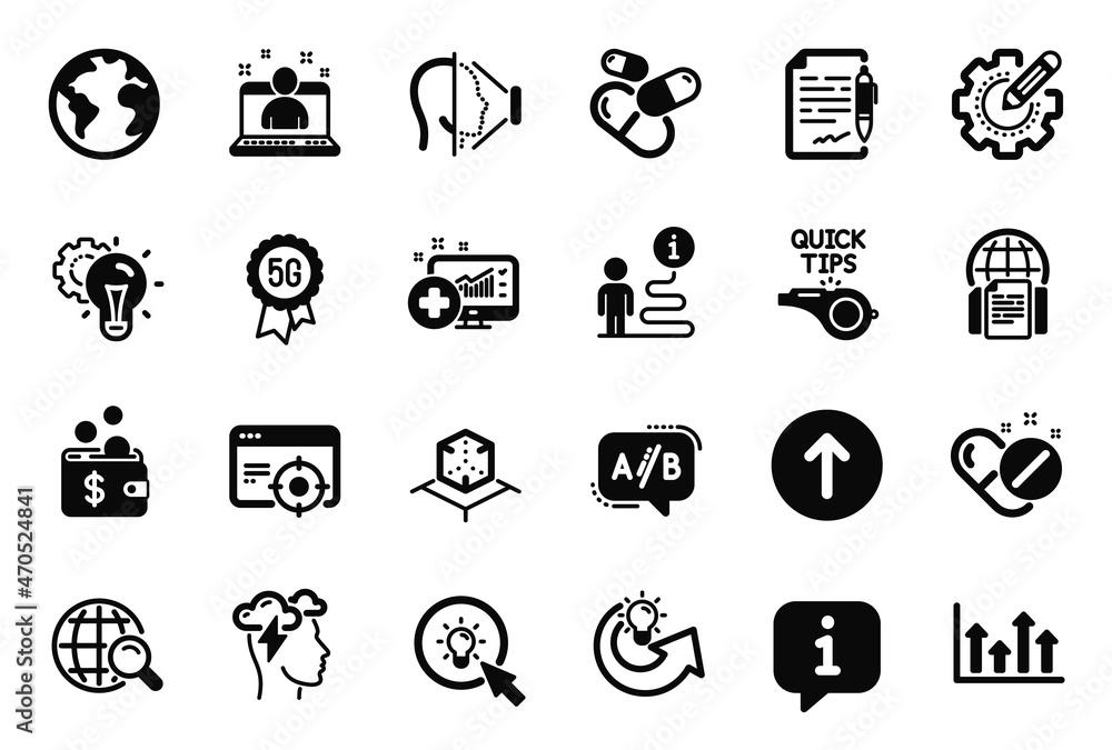 Vector Set of Science icons related to Swipe up, Agreement document and Seo targeting icons. Best manager, Tutorials and Idea gear signs. Upper arrows, Face id and Internet search. Energy. Vector