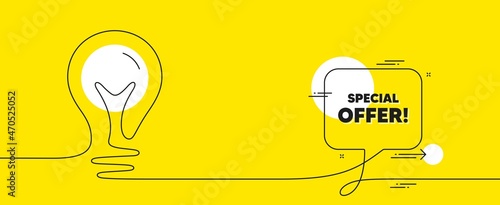 Special offer text. Continuous line idea chat bubble banner. Sale sign. Advertising Discounts symbol. Special offer chat message lightbulb. Idea light bulb yellow background. Vector