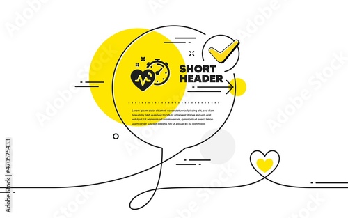 Cardio training timer icon. Continuous line check mark chat bubble. Fat burning time sign. Gym fit heartbeat symbol. Cardio training icon in chat comment. Talk with heart banner. Vector