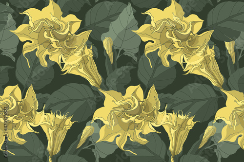 Vector floral seamless pattern. Datura yellow flowers with buds and green leaves. Floral elements on a dark green background. Plant design for fabric, banners, cards.