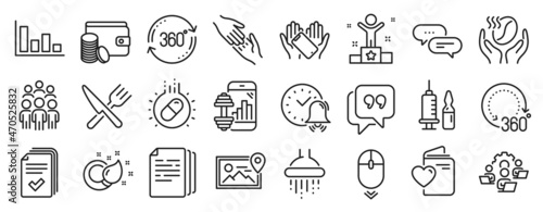 Set of Business icons  such as Handout  Capsule pill  Alarm bell icons. Medical vaccination  Paint brush  Dots message signs. Teamwork  Histogram  Coffee. Winner  Group people  Food. Vector