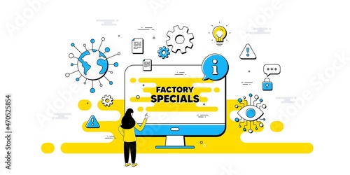 Factory specials text. Internet safe data infographics. Sale offer price sign. Advertising discounts symbol. Factory specials information message. Isolated AI privacy banner. Vector