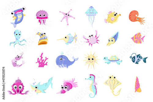 Fish and wild marine animals are isolated on white background. Inhabitants of the sea world, cute, funny underwater creatures dolphin, shark, ocean crabs, sea turtle, shrimp. Flat cartoon illustration