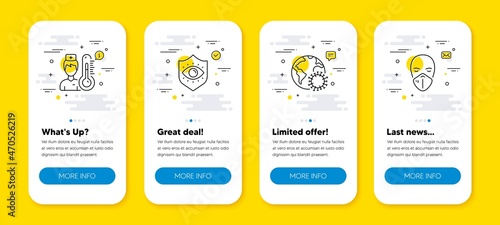 Vector set of Eye protection, Thermometer and Coronavirus line icons set. UI phone app screens with line icons. Medical mask icon. Optometry, Temperature control, Pandemic infection. Vector