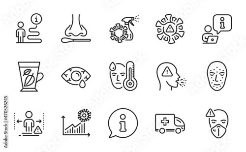 Medical icons set. Included icon as Fever, Coronavirus, Cough signs. Ð¡onjunctivitis eye, Coronavirus statistics, Social distance symbols. Medical mask, Mint leaves, Face biometrics. Vector