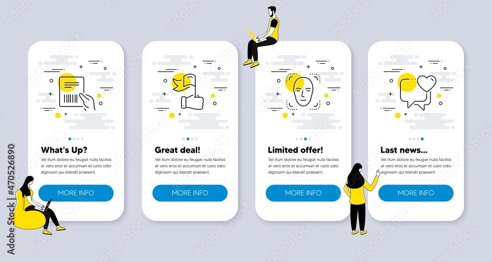 Vector Set of People icons related to Leadership, Parcel invoice and Face detection icons. UI phone app screens with people. Heart line symbols. Winner flag, Delivery document, Detect person. Vector