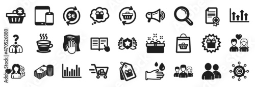 Set of simple icons, such as Mobile devices, Shopping cart, Bar diagram icons. Teamwork, Present box, Money currency signs. Washing cloth, Read instruction, Users. Surprise gift, Megaphone. Vector