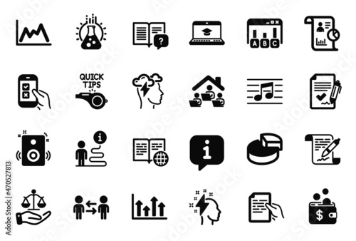 Vector Set of Education icons related to Musical note, Instruction manual and Upper arrows icons. Approved agreement, Agreement document and Pie chart signs. Hold document, Speakers. Vector