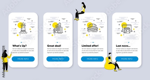 Set of Buildings icons, such as Sports stadium, Buildings, Lighthouse icons. UI phone app screens with people. Marketplace line symbols. Vector