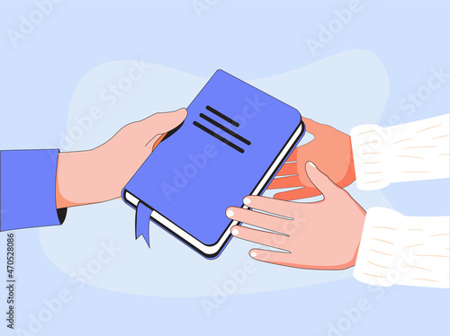 Books swap, exchange or crossing. Reading party, school literature event. Man or woman hand gives book to friend. Reader