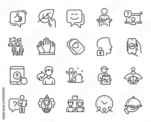 Vector set of Meeting time, Couple love and Court judge line icons set. Share, Online question and New house icons. Delivery discount, Swipe up and Leadership signs. Meeting time web symbol. Vector