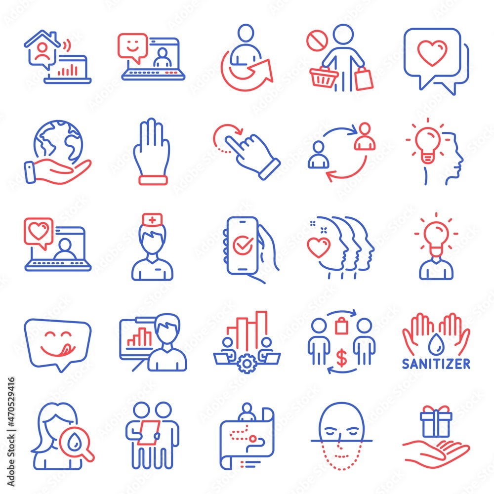 Fototapeta premium People icons set. Included icon as Stop shopping, Three fingers, Face recognition signs. User communication, Survey, Friends couple symbols. Presentation board, Work home, Smile. Heart. Vector