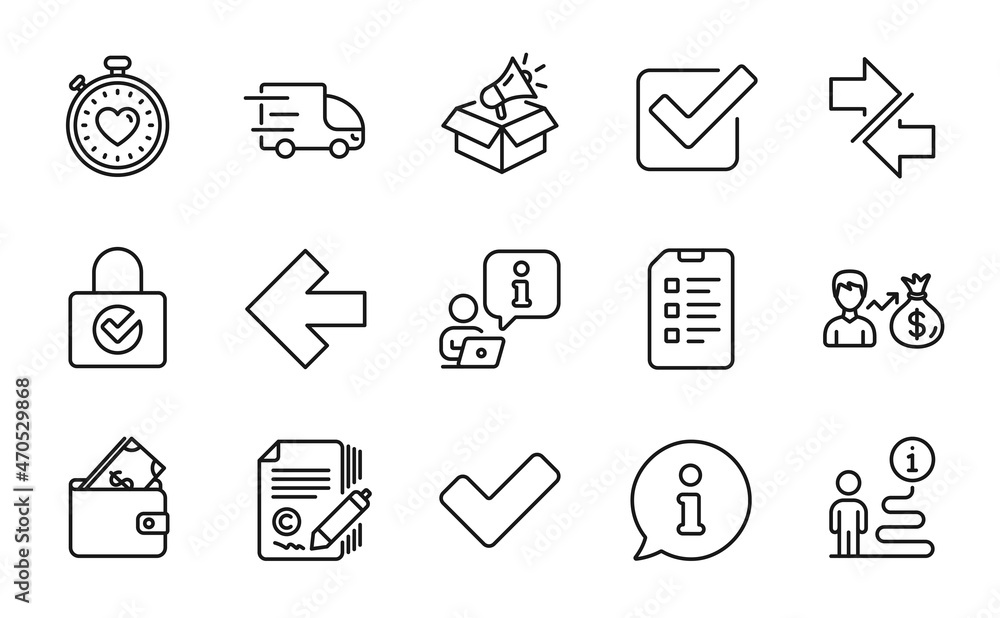 Line icons set. Included icon as Copywriting, Truck delivery, Tick signs. Left arrow, Synchronize, Heartbeat timer symbols. Wallet, Password encryption, Checkbox. Sallary, Megaphone box. Vector Line icons set. Included icon as Copywriting, Truck delivery, Tick signs. Left arrow, Synchronize, Heartbeat timer symbols. Wallet, Password encryption, Checkbox. Sallary, Megaphone box. Vector
