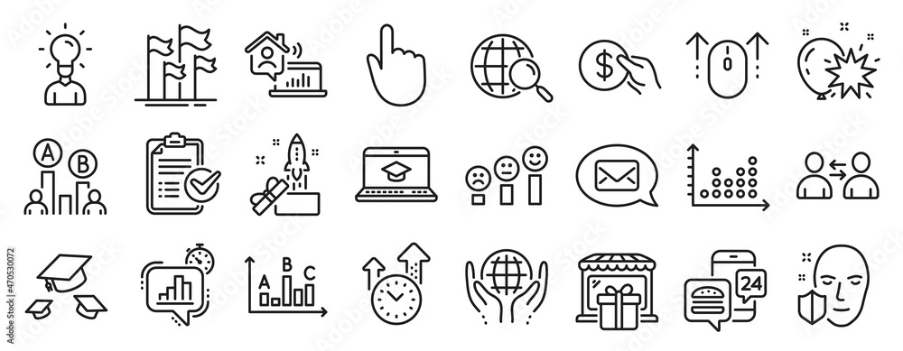 Set of Business icons, such as Throw hats, Dot plot, Innovation icons. Ab testing, Survey checklist, Balloon dart signs. Work home, Customer satisfaction, Web search. Hand click, Swipe up. Vector