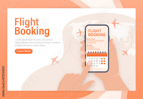 Flyer design for promotion design. Flight tickets online booking illustration landing page. Flat design vector illustration. Travel vector icon.