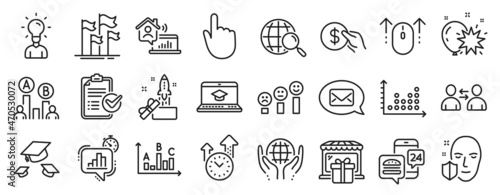 Set of Business icons  such as Throw hats  Dot plot  Innovation icons. Ab testing  Survey checklist  Balloon dart signs. Work home  Customer satisfaction  Web search. Hand click  Swipe up. Vector