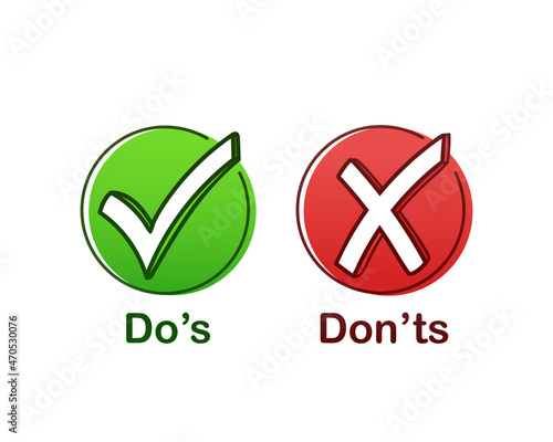 Do s and don ts red and green badge. Hand drawn info logotype graphic design isolated on white background.