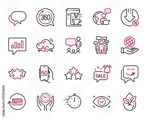 Vector Set of Technology icons related to Refund commission, Yummy smile and People chatting icons. 5g internet, Cooking timer and Coffee maker signs. Refund commission web symbol. Vector