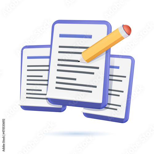 Creative writing and storytelling, brief, contract terms and conditions, document paper, assignment concept. 3d vector.