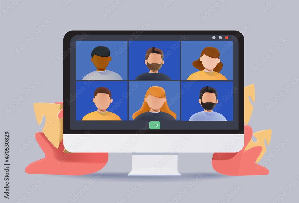 Video conference icon. People on computer screen. Home office in quarantine time. Digital communication. Teaching media. Video conference icon. People on computer screen. Home office in quarantine time. Digital communication. Teaching media.