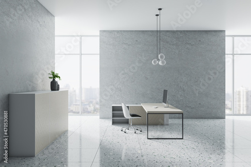 Modern concrete office interior with panoramic bright city view  desk with computer and other pieces of furniture. 3D Rendering.