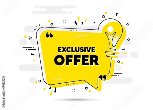 Exclusive offer text. Yellow idea chat bubble background. Sale price sign. Advertising discounts symbol. Exclusive offer chat message lightbulb. Idea light bulb background. Vector