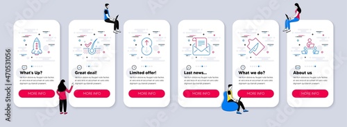 Vector Set of Business icons related to Anti-dandruff flakes, Rocket and Cutting board icons. UI phone app screens with teamwork. Mail newsletter, Swipe up and Teamwork line symbols. Vector