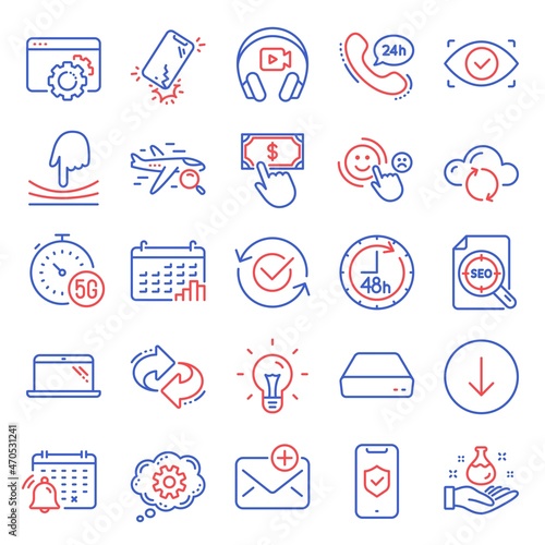 Technology icons set. Included icon as New mail, 48 hours, Notification calendar signs. Laptop, Chemistry lab, Cogwheel symbols. Seo file, Elastic, Seo gear. Approved, Payment click, Idea. Vector © blankstock