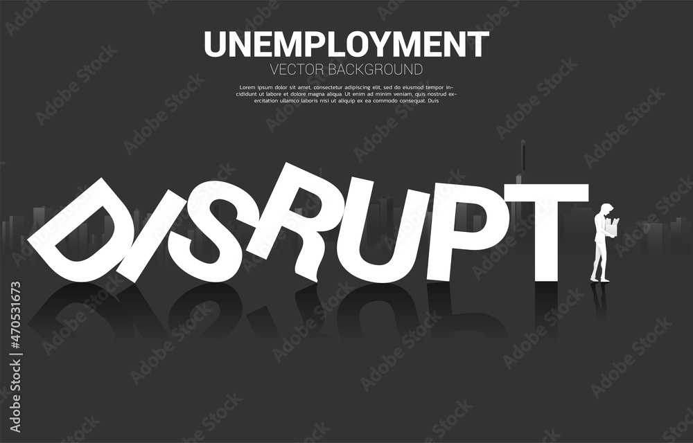 silhouette of unemployed man at the end of disrupt domino collapse. Concept of business industry disrupt. silhouette of unemployed man at the end of disrupt domino collapse. Concept of business industry disrupt.