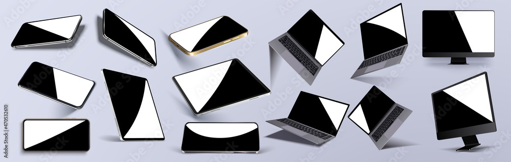 Device poster with floating realistic gadgets mockup with empty screens. Tablet, phone, computer, laptop reflect light in different angles, isolated layouts. Electronic equipment advertisement banner Device poster with floating realistic gadgets mockup with empty screens. Tablet, phone, computer, laptop reflect light in different angles, isolated layouts. Electronic equipment advertisement banner