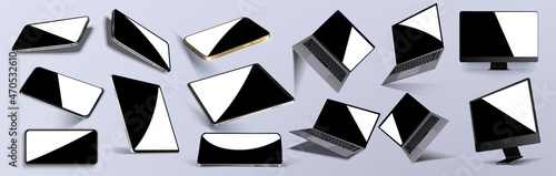 Device poster with floating realistic gadgets mockup with empty screens. Tablet, phone, computer, laptop reflect light in different angles, isolated layouts.  Electronic equipment advertisement banner
