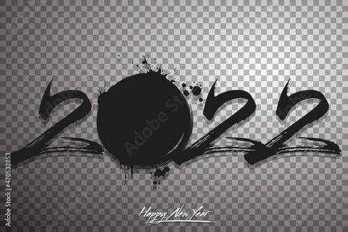 Numbers 2022 and a abstract hockey puck made of blots in grunge style. Design text logo Happy New Year 2022. Template for greeting card, banner, poster. Vector illustration on isolated background
