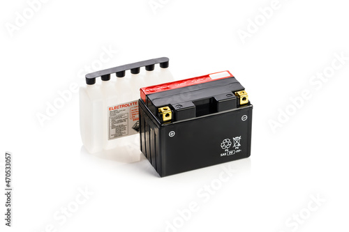 Obraz na płótnie valve regulated lead acid dry charged battery with electrolyte pack, isolated on
