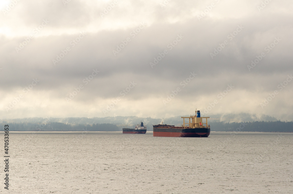 Cargo ships near Vancouver Island in British Columbia, Canada.