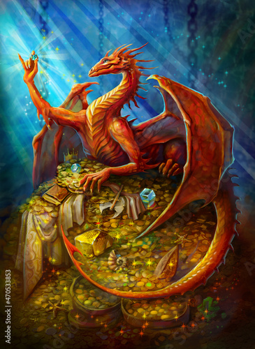 red dragon on a pile of gold, in the rays of light